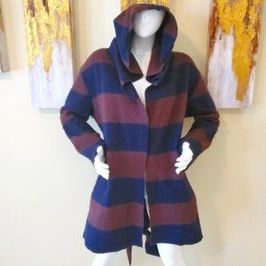 For Cynthia Brown/Blue Hooded Striped 100% Wool Cardigan SZ L